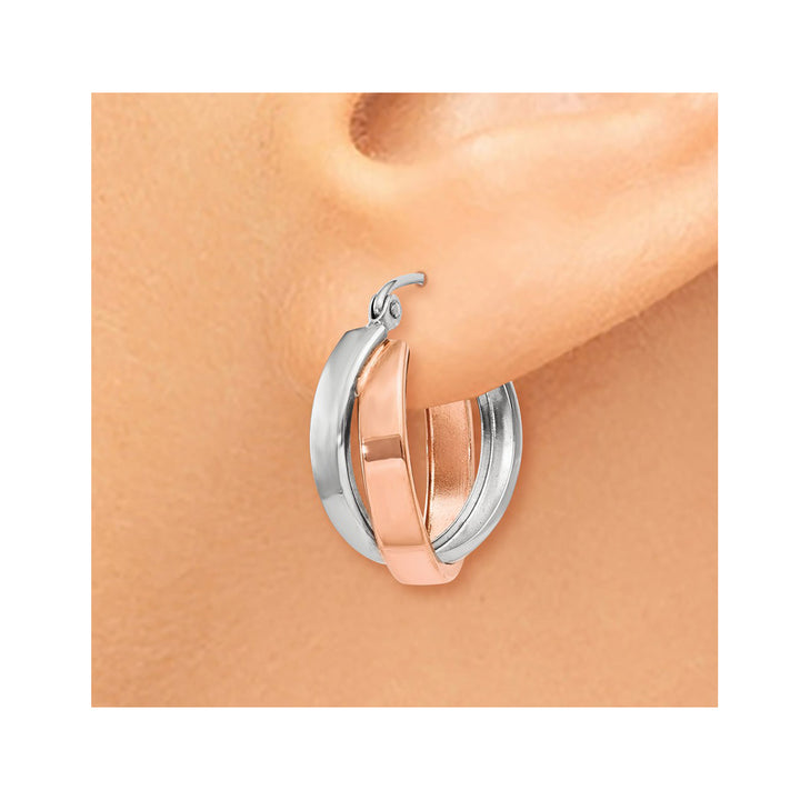 14K Rose Pink and White Gold Polished Oval Hoop Earrings Image 3