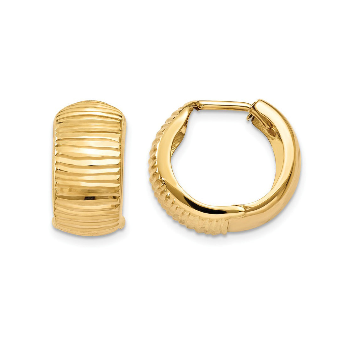 14K Yellow Gold Textured and Polished Hinged Hoop Earrings Image 1