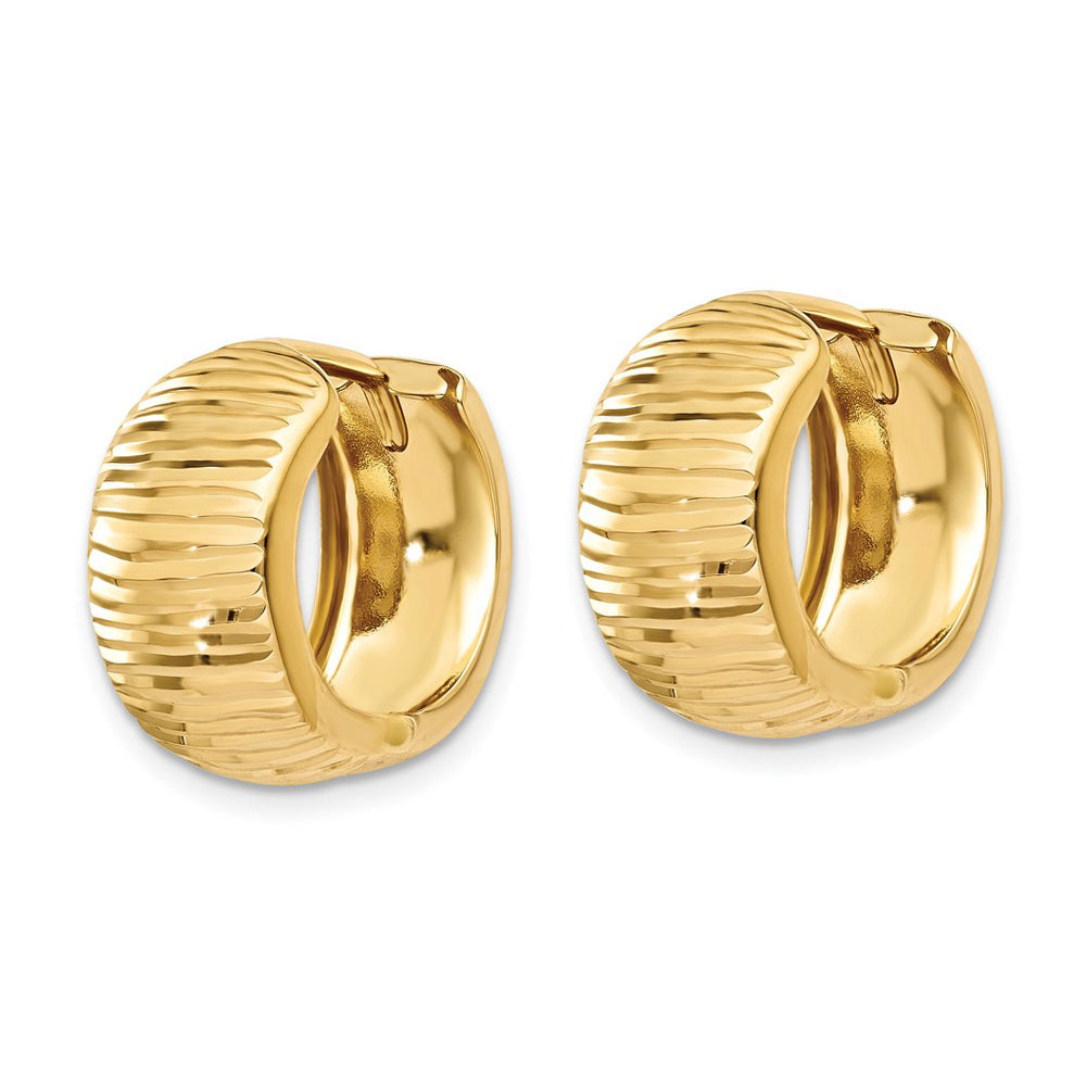 14K Yellow Gold Textured and Polished Hinged Hoop Earrings Image 2