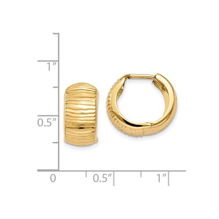 14K Yellow Gold Textured and Polished Hinged Hoop Earrings Image 4