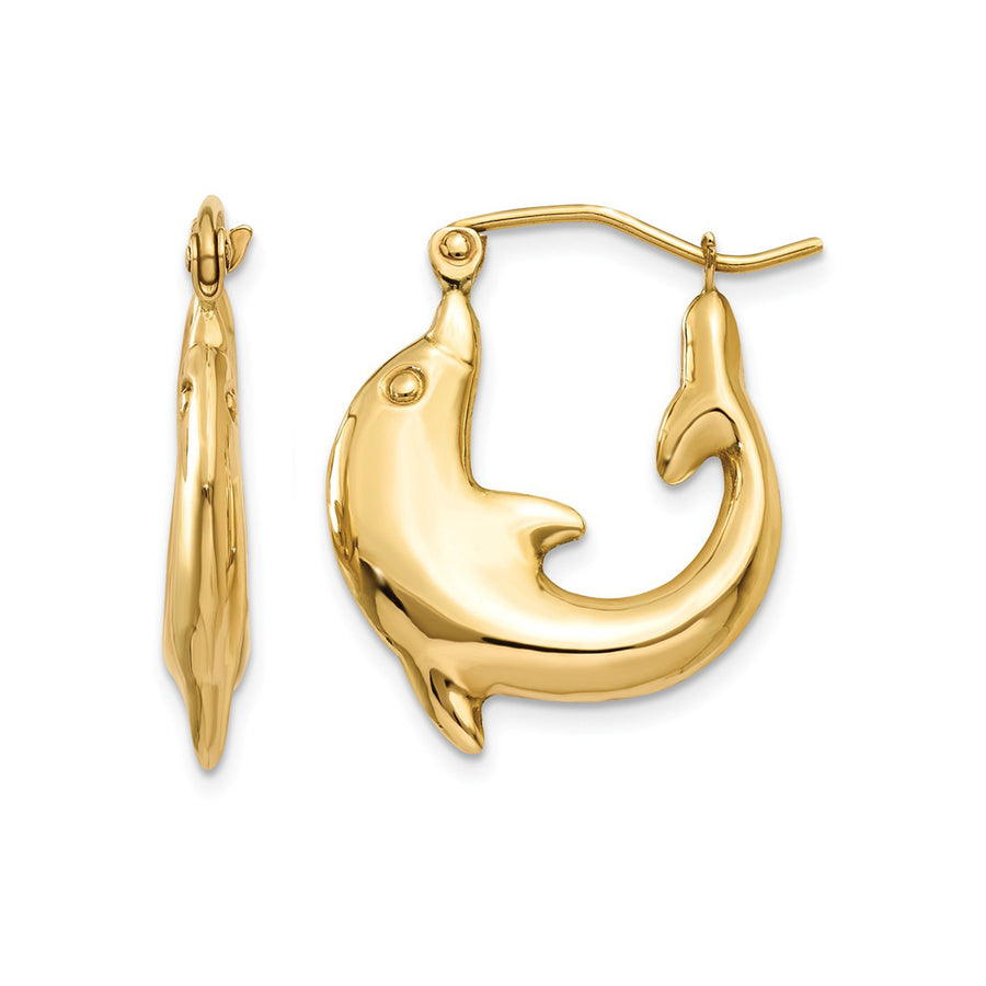 14K Yellow Gold Polished Dolphin Charm Hoop Earrings Image 1