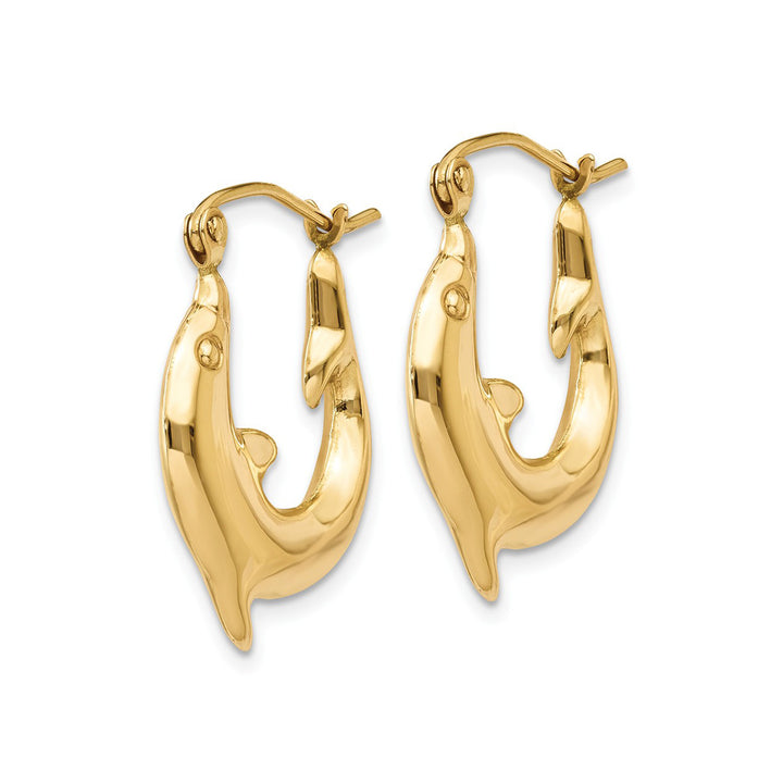 14K Yellow Gold Polished Dolphin Charm Hoop Earrings Image 2