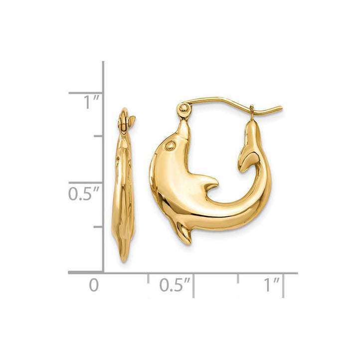 14K Yellow Gold Polished Dolphin Charm Hoop Earrings Image 4