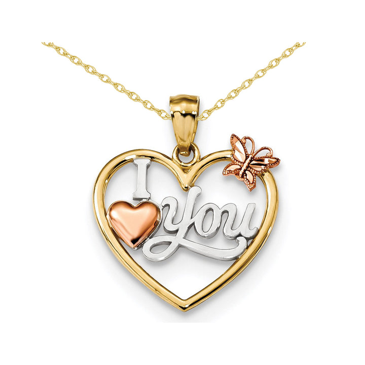 I Love You Heart with Butterfly Pendant Necklace in 14K Yellow and Rose Gold Image 1