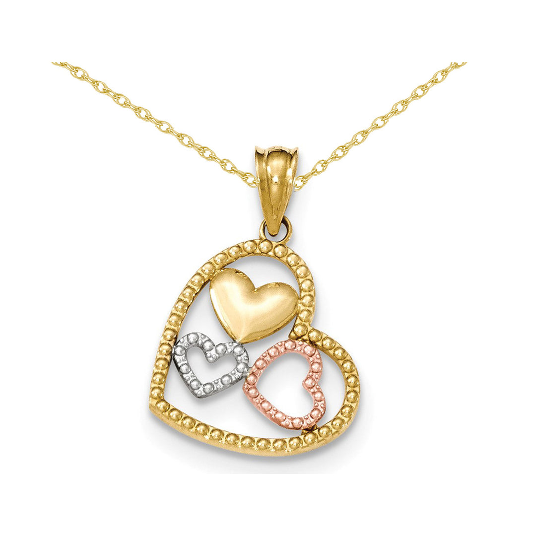 14K Yellow and White Gold Triple Heart Pendant Necklace with Chain Image 1