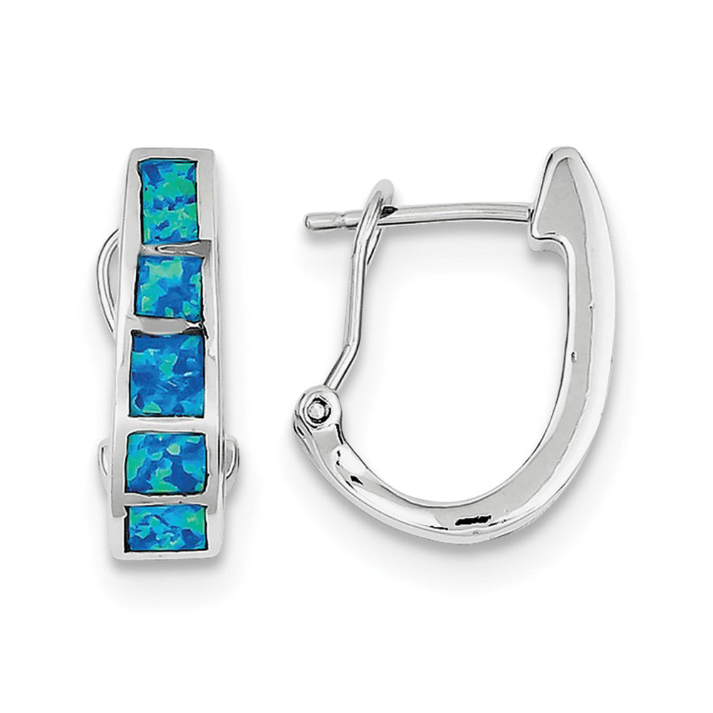 Synthetic Blue Opal Hoop Earrings in Sterling Silver Image 1