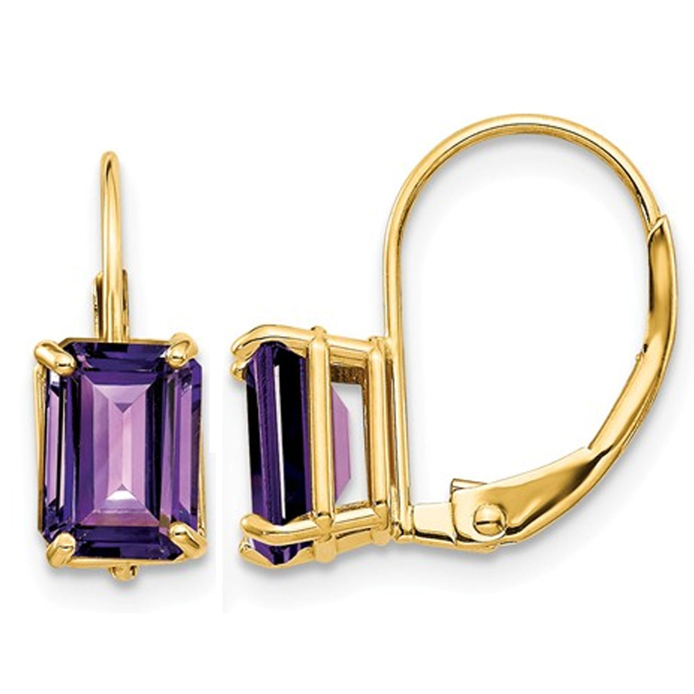 7x5mm Emerald-Cut Natural Amethyst Leverback Earrings in 14K Yellow Gold Image 1