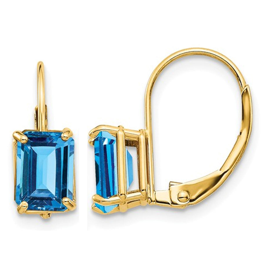 2.60 Carat (ctw) Emerald-Cut Natural Swiss Blue Topaz Leverback Earrings in 14K Yellow Gold Image 1