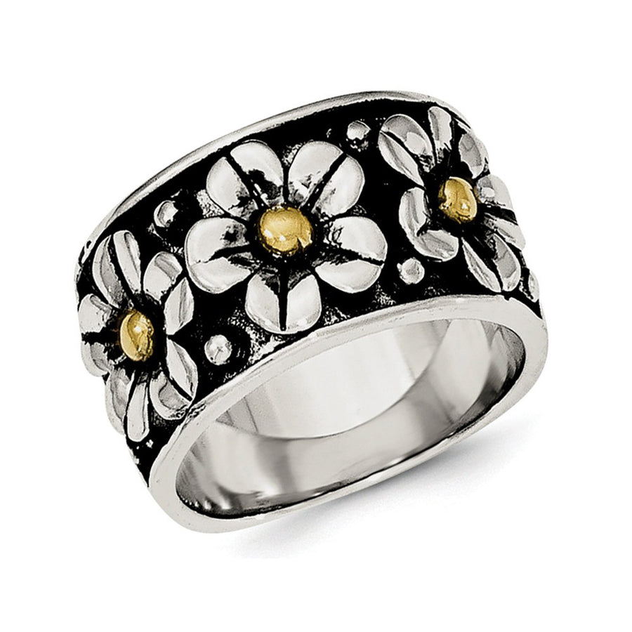 Ladies Antiqued Flower Daisy Ring in Sterling Silver with 14K Yellow Gold Center Image 1