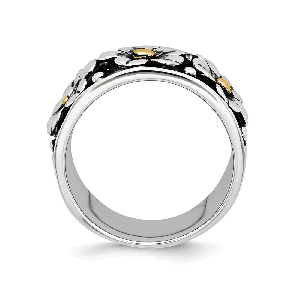 Ladies Antiqued Flower Daisy Ring in Sterling Silver with 14K Yellow Gold Center Image 2