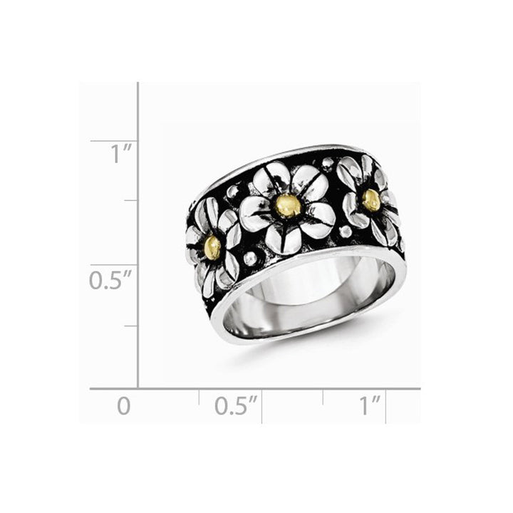 Ladies Antiqued Flower Daisy Ring in Sterling Silver with 14K Yellow Gold Center Image 3