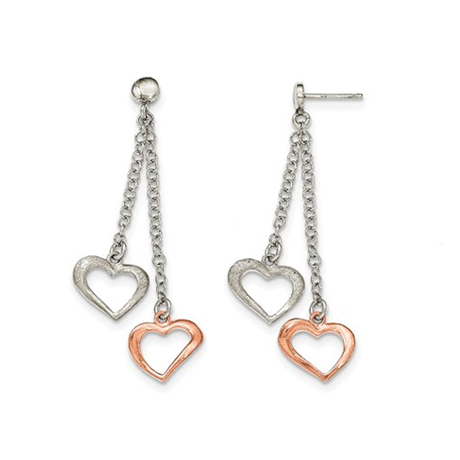 Sterling Silver Rose Pink Tone Heart Dangle Earrings Image 1