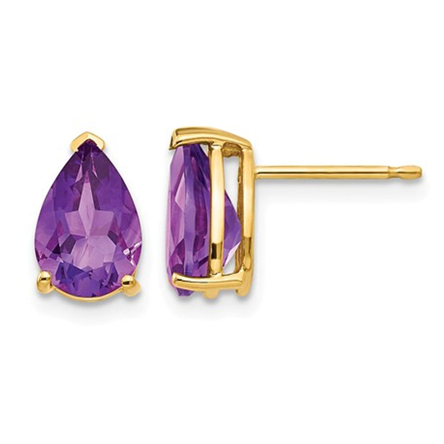 14K Yellow Gold Solitaire Pear Shaped Amethyst Earrings 2.00 Carat (ctw) Image 1