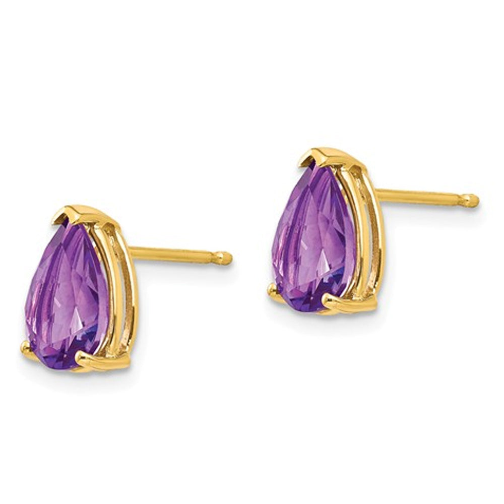 14K Yellow Gold Solitaire Pear Shaped Amethyst Earrings 2.00 Carat (ctw) Image 2