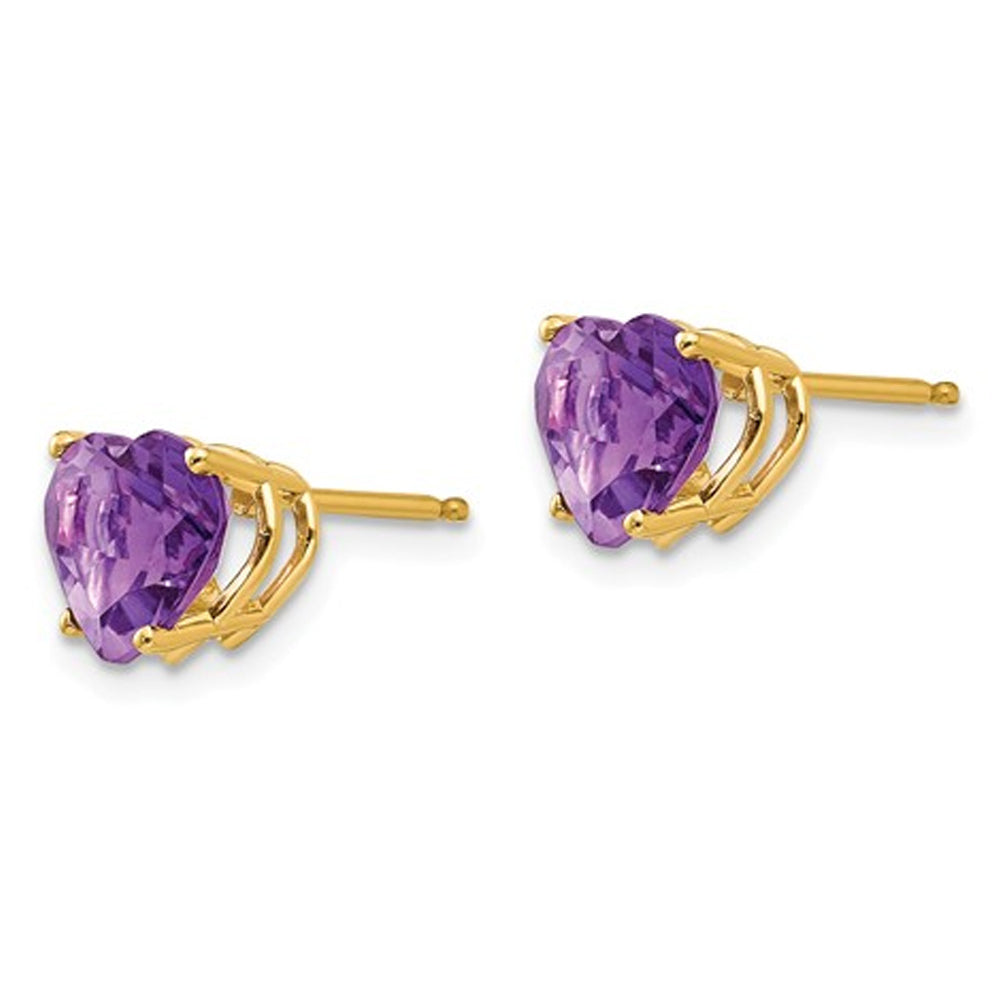 14K Yellow Gold 7mm Solitaire Amethyst Heart Earrings 2.00 Carat (ctw) Image 2