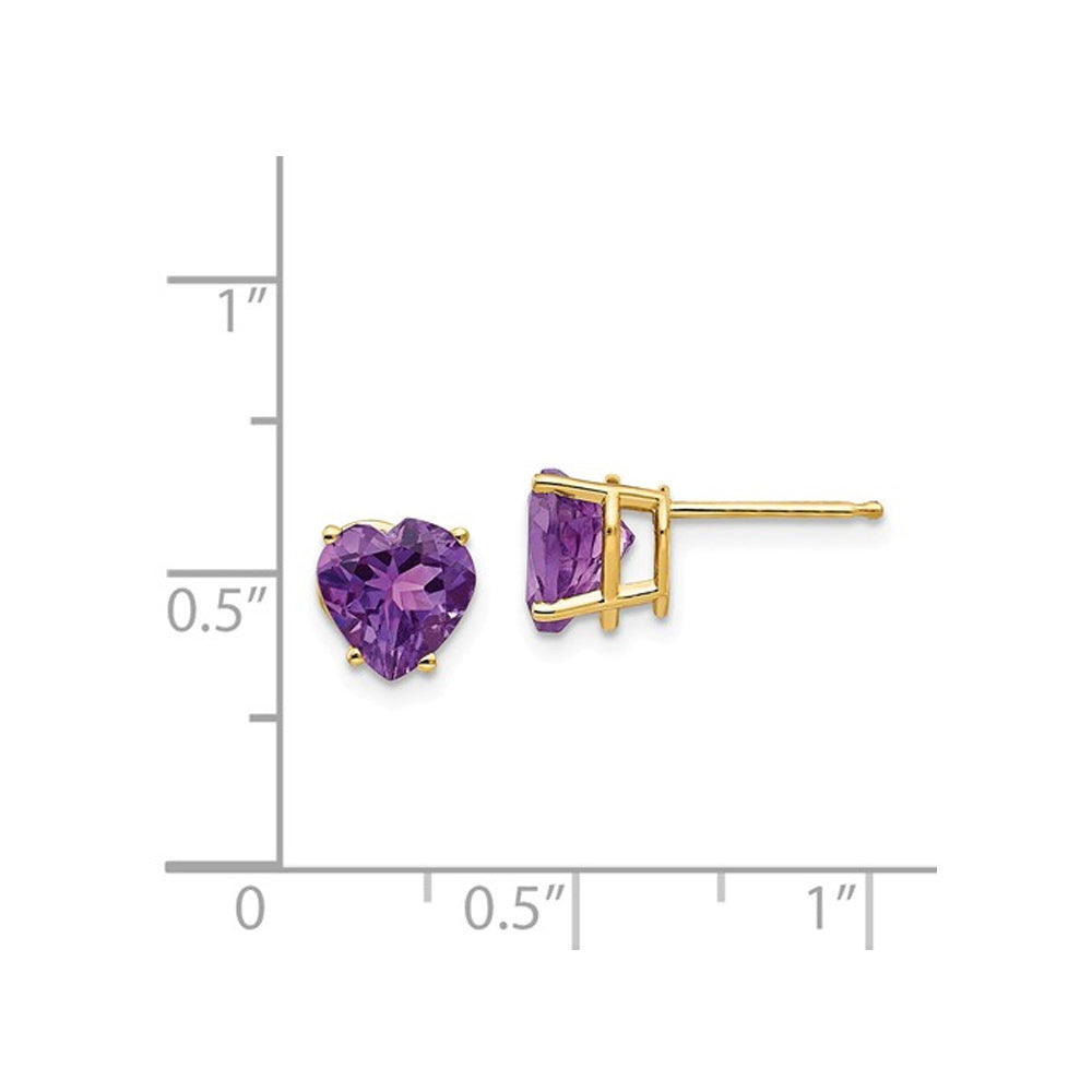 14K Yellow Gold 7mm Solitaire Amethyst Heart Earrings 2.00 Carat (ctw) Image 3