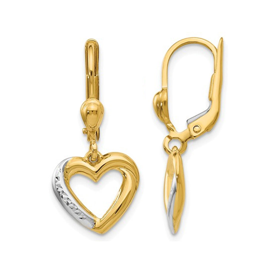 14K Yellow Gold Textured and Polished Heart Leverback Dangle Earrings Image 1
