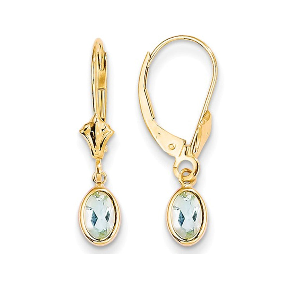 14K Yellow Gold Oval Cut Aquamarine Dangle Drop Earrings 4/5 Carat (ctw) Image 1