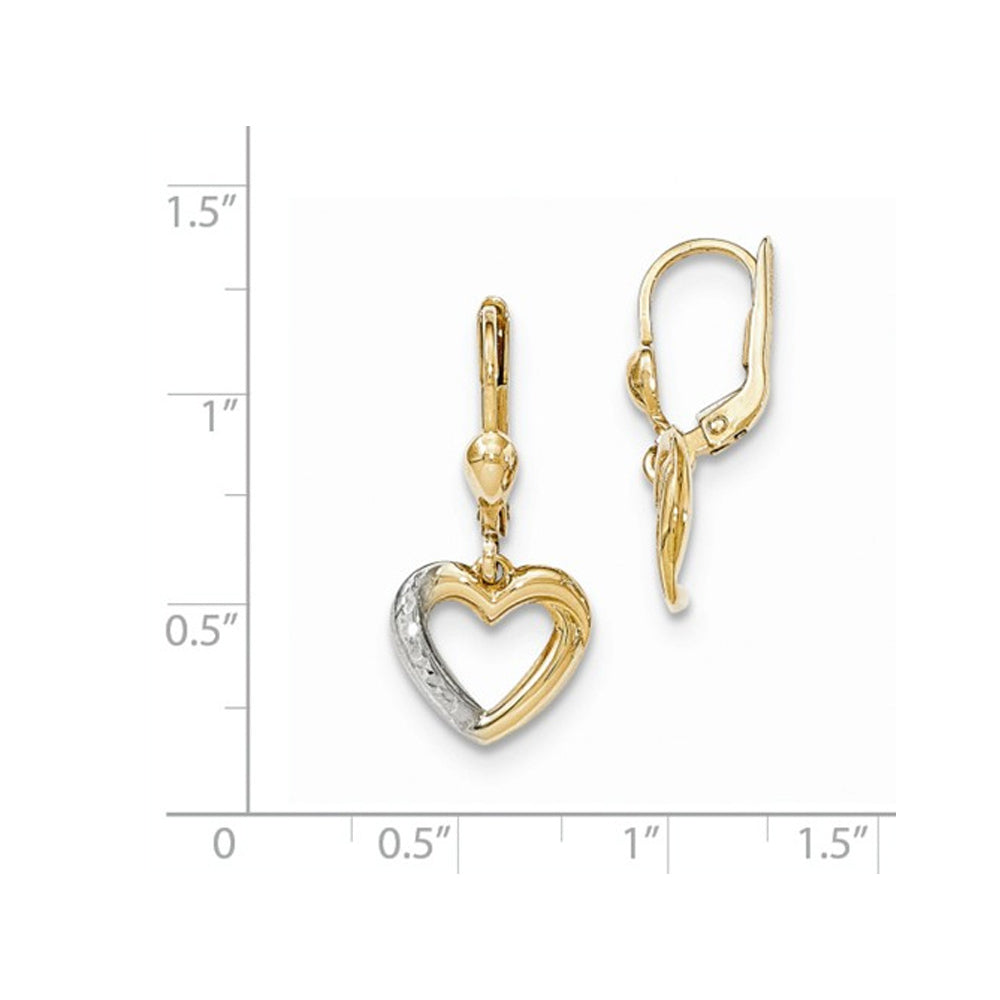 14K Yellow Gold Textured and Polished Heart Leverback Dangle Earrings Image 2