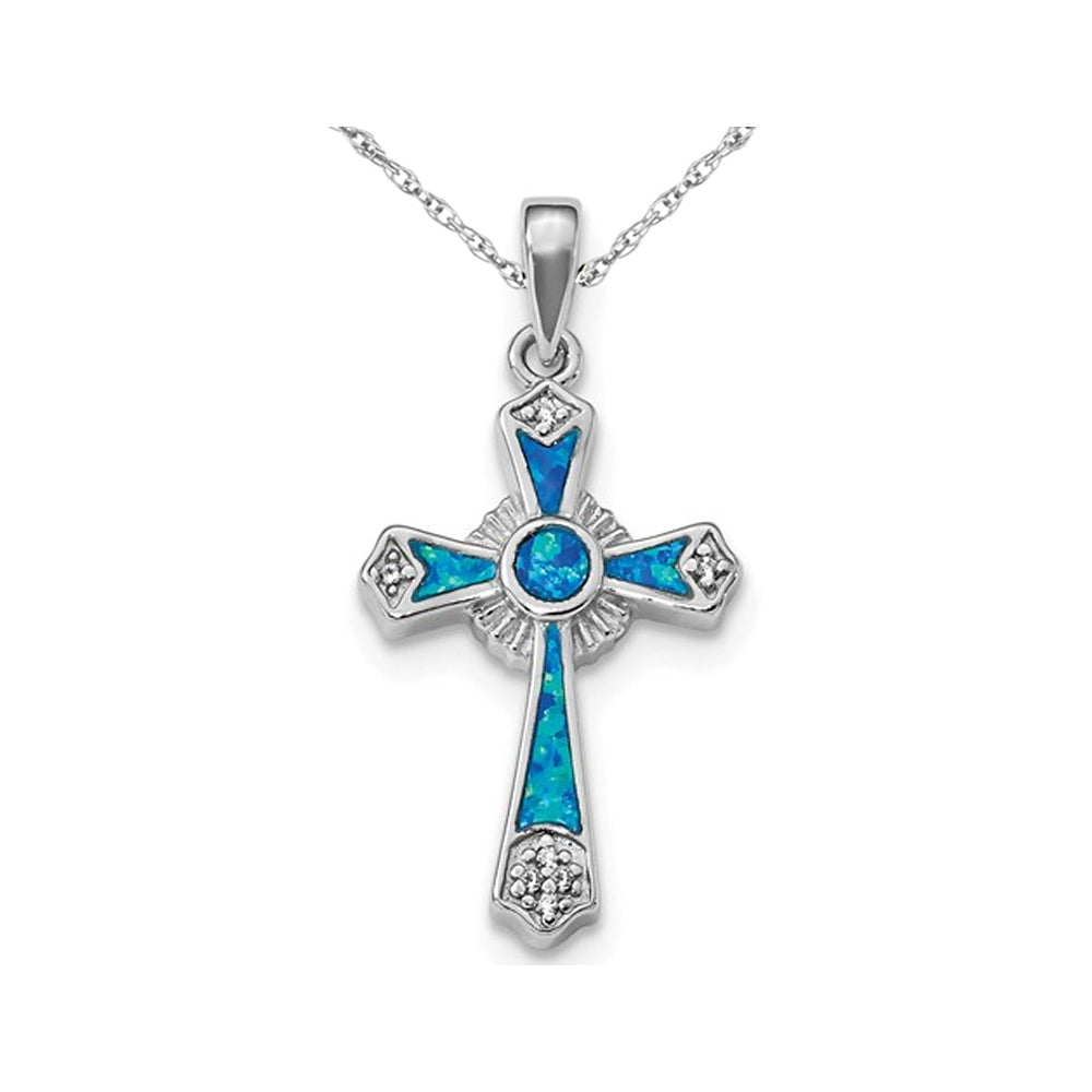 Lab Created Blue Opal Cross Pendant Necklace in Sterling Silver with Chain Image 1