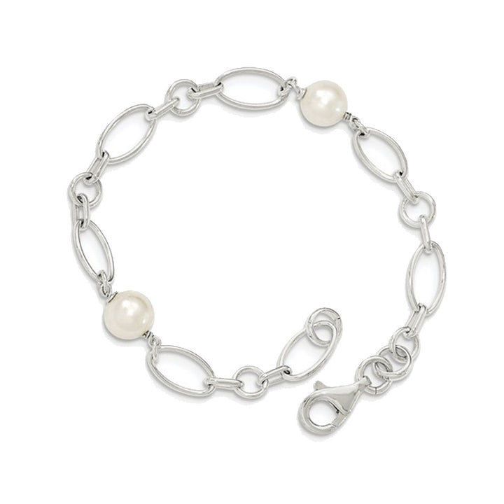 Sterling Silver Polished Link Bracelet with Freshwater Cultured Pearls Image 3