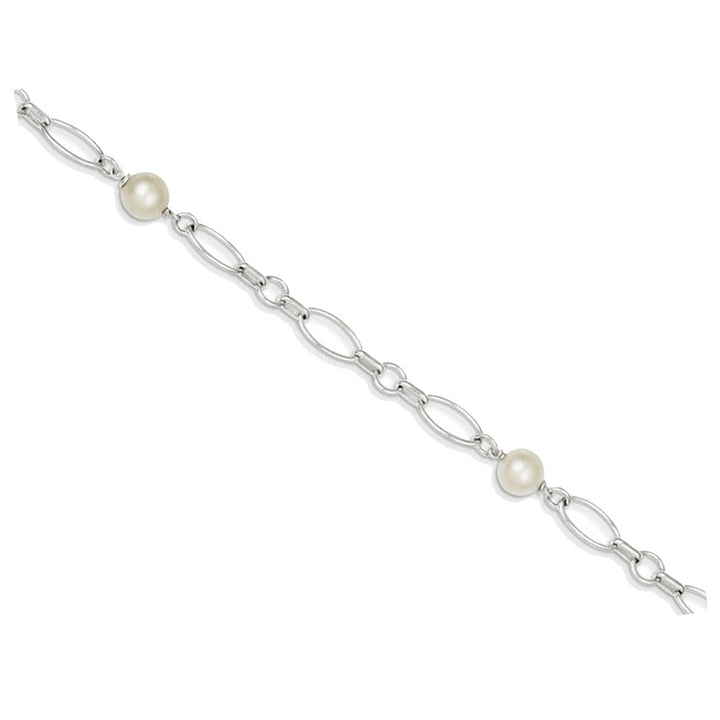 Sterling Silver Polished Link Bracelet with Freshwater Cultured Pearls Image 2