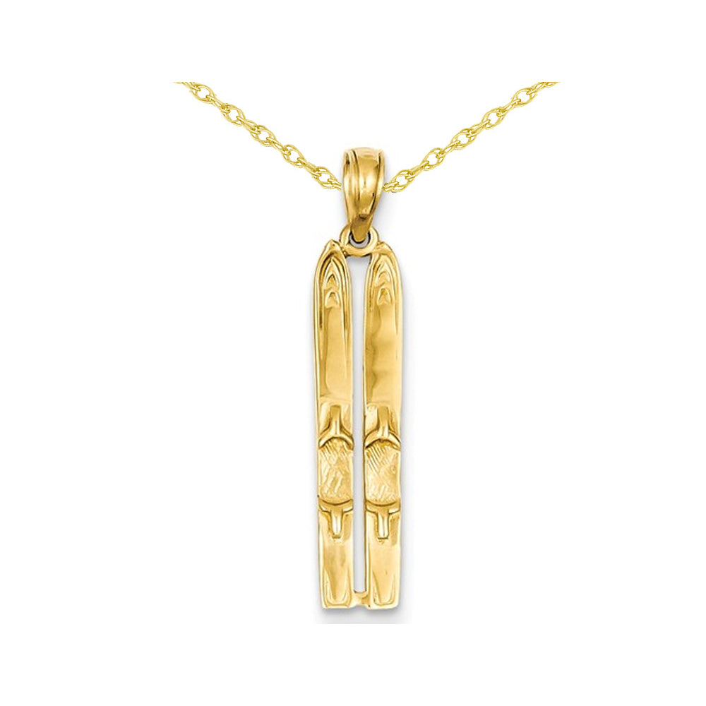 14K Yellow Gold Snow Skis Pendant Necklace with Chain Image 1