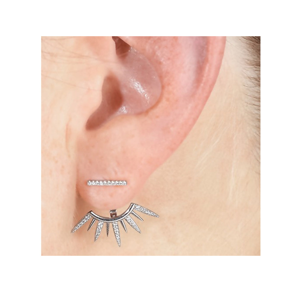 Sterling Silver Polished Front and Back Spike Post Earrings with Synthetic CZ Image 2