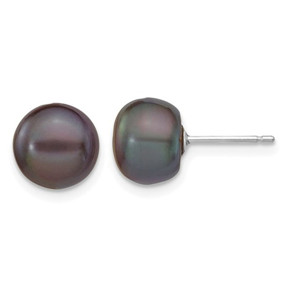 14K Whte Gold Freshwater Cultured Black Button Pearl 8-9mm Solitaire Stud Earrings Image 1