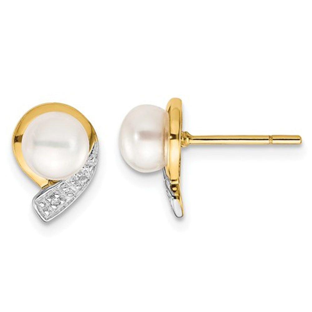 14K Yellow Gold Freshwater Cultured White Pearl 5-6mm Post Earrings with Accent Diamonds Image 1