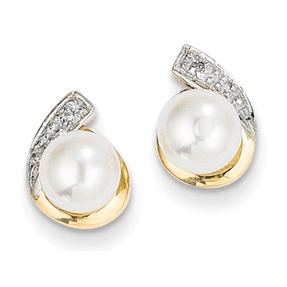 14K Yellow Gold Freshwater Cultured White Pearl 5-6mm Post Earrings with Accent Diamonds Image 2