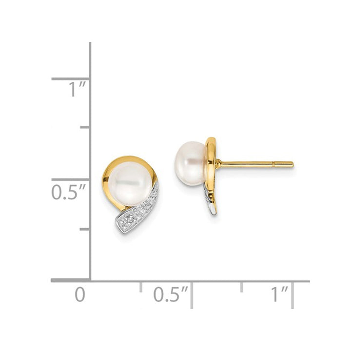 14K Yellow Gold Freshwater Cultured White Pearl 5-6mm Post Earrings with Accent Diamonds Image 3