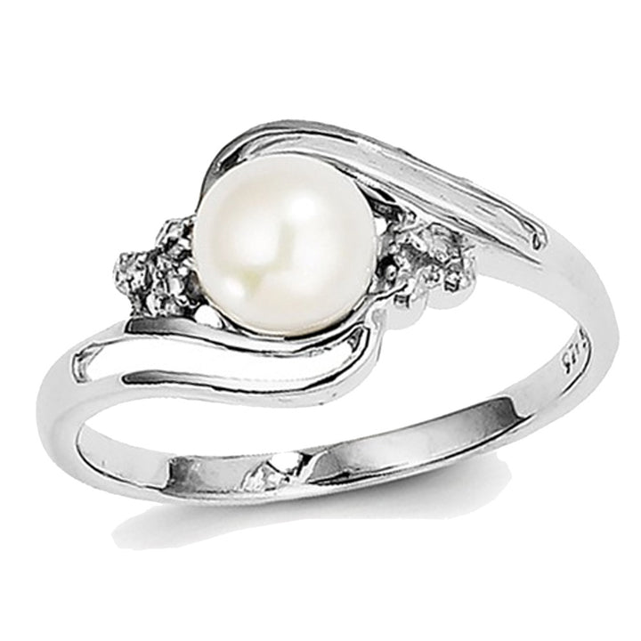 Freshwater Cultured 6mm Button Pearl Ring in Sterling Silver with Accent Diamonds Image 1
