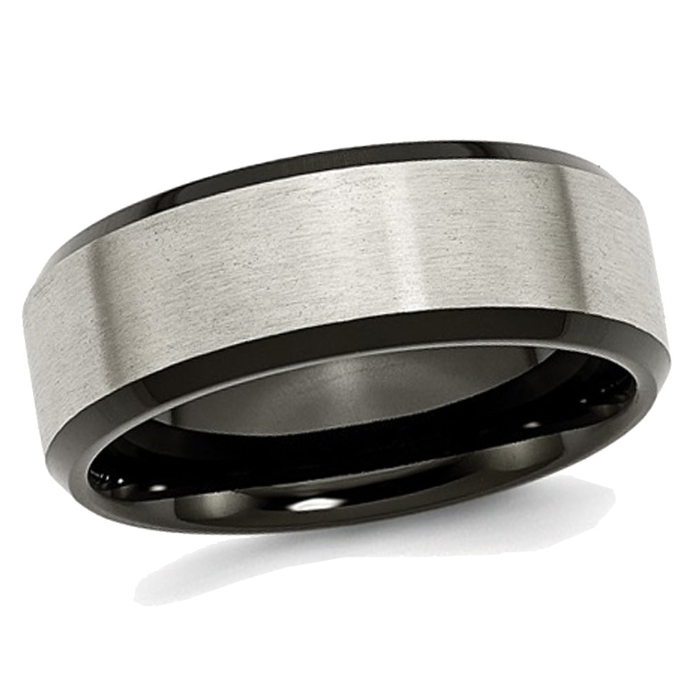 Mens Titanium 8mm Brushed Wedding Band Ring with Black Plated Beveled Edge Image 1