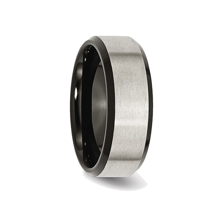 Mens Titanium 8mm Brushed Wedding Band Ring with Black Plated Beveled Edge Image 3