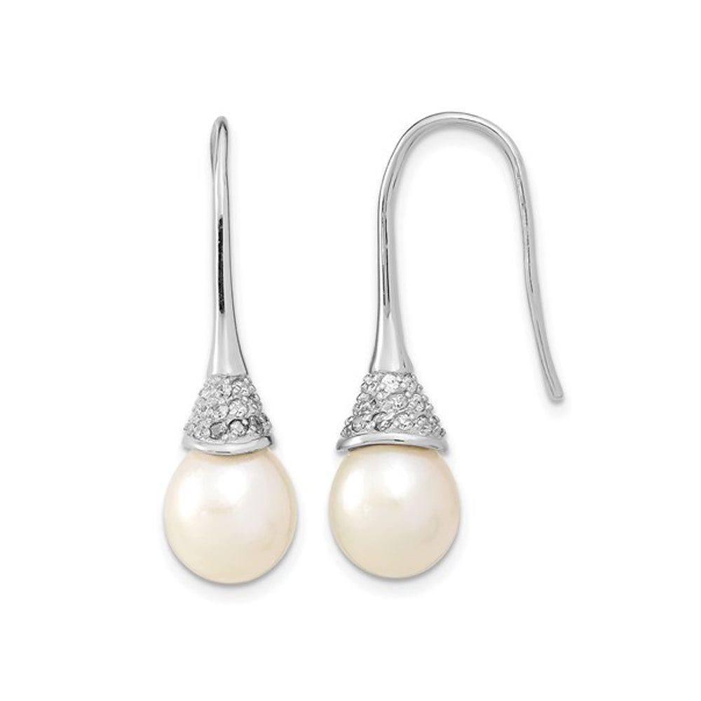 White Freshwater Cultured Pearl 9-10mm Dangle Earrings in Sterling Silver with Synthetic Cubic Zirconia (CZ)s Image 1