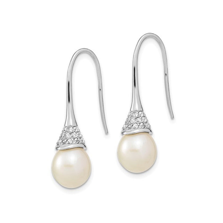 White Freshwater Cultured Pearl 9-10mm Dangle Earrings in Sterling Silver with Synthetic Cubic Zirconia (CZ)s Image 2