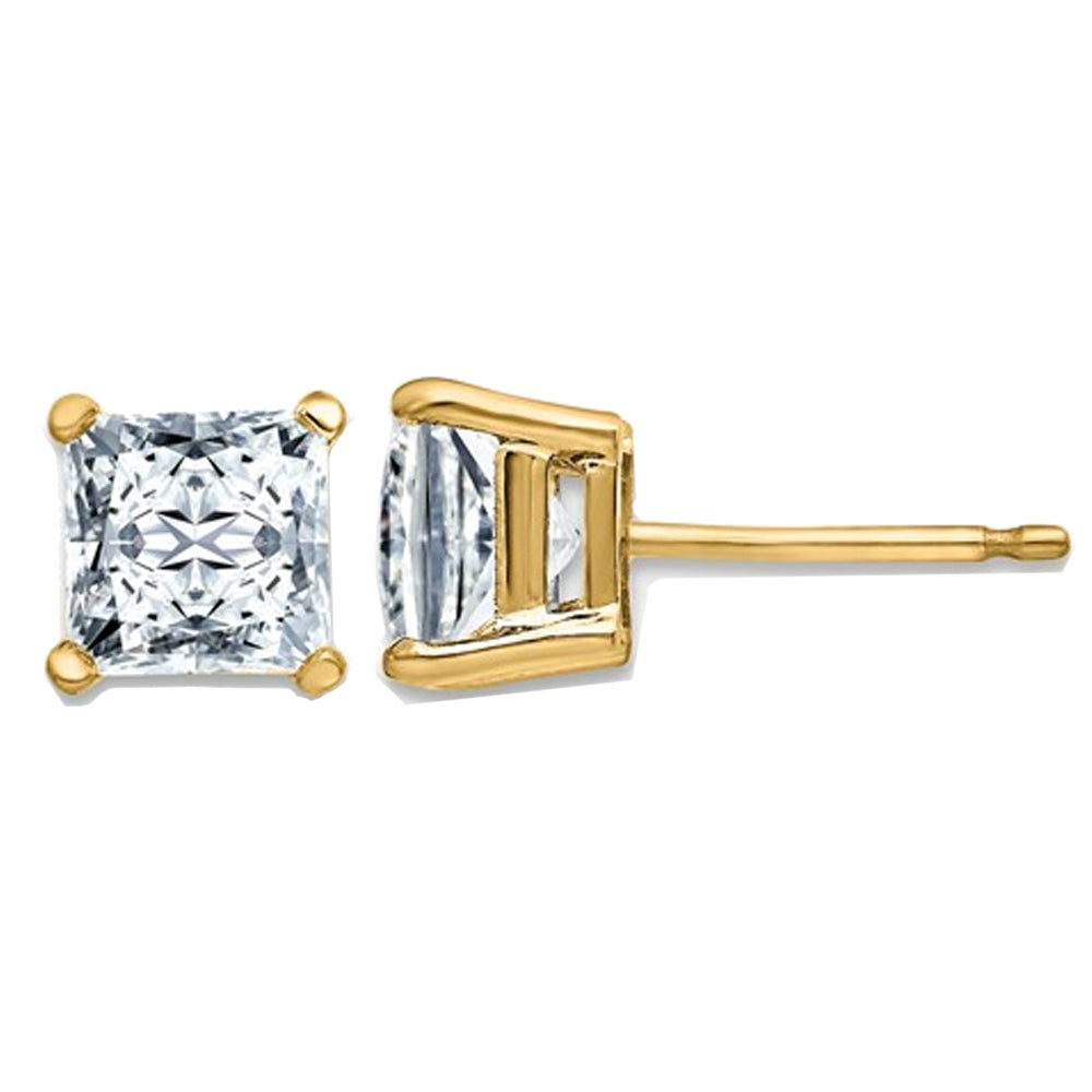 1.82 Carat (5.5mm) Synthetic Moissanite Princess-Cut Solitaire Stud Earrings 14K Yellow Gold (2.00 Ct Diamond Look) Image 1