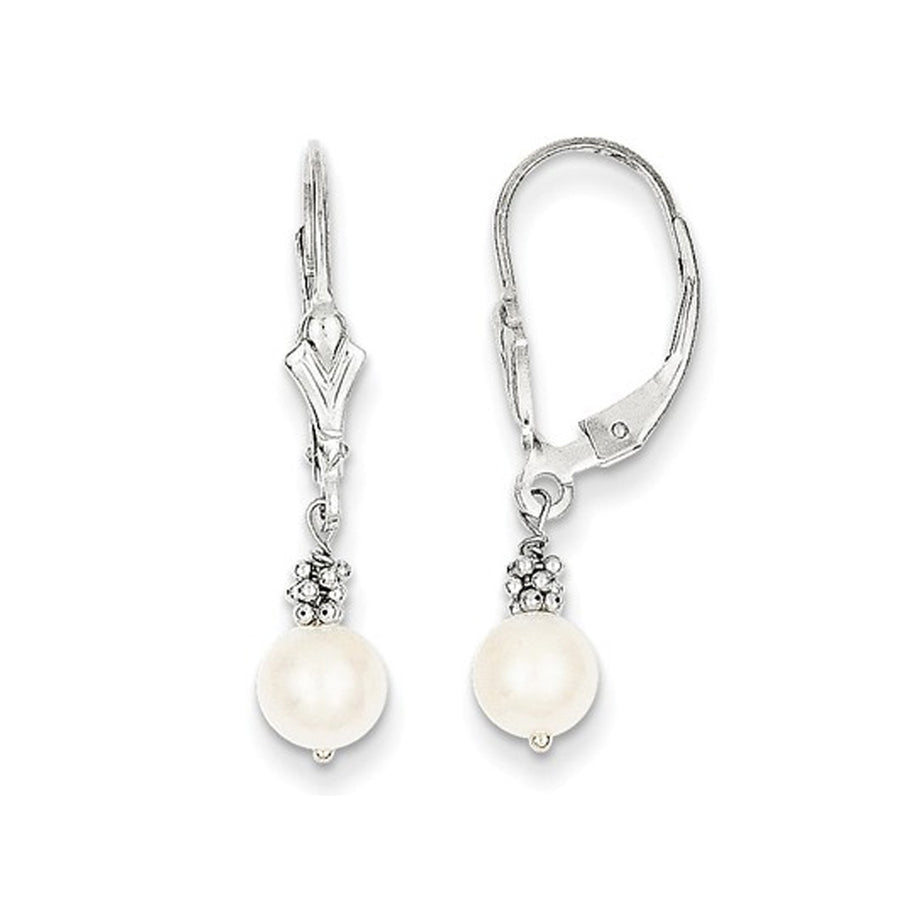 14K White Gold White Freshwater Cultured Pearl (5-6mm) Dangle Leverback Earrings Image 1