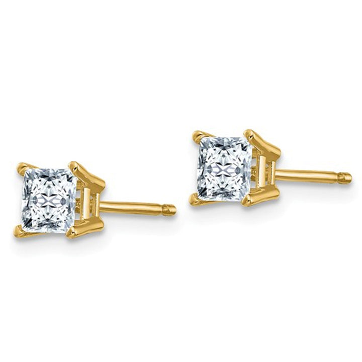1.00 Carat (1.20 Ct Diamond Look) Synthetic Colorless Moissanite (4.5mm) Princess Cut Solitaire Earrings in 14K Gold Image 4
