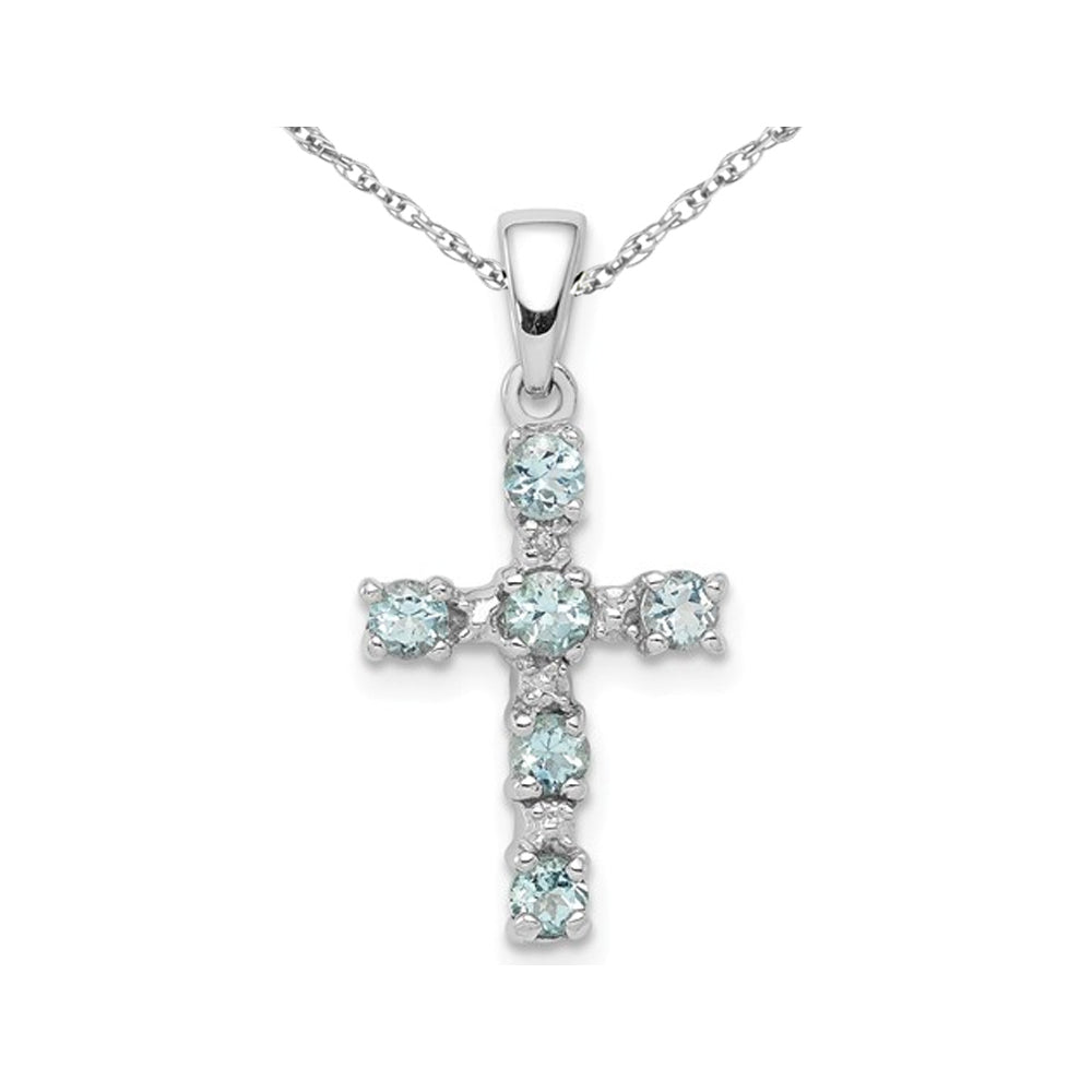 1/3 Carat (ctw) Aquamarine Cross Pendant Necklace in Sterling Silver with Chain Image 1