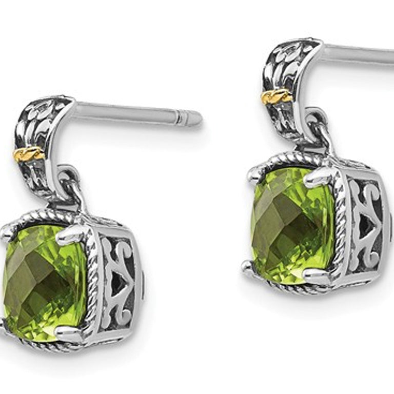 2.00 Carat (ctw) Peridot Post Earrings in Sterling Silver with 14K Gold Accents Image 3