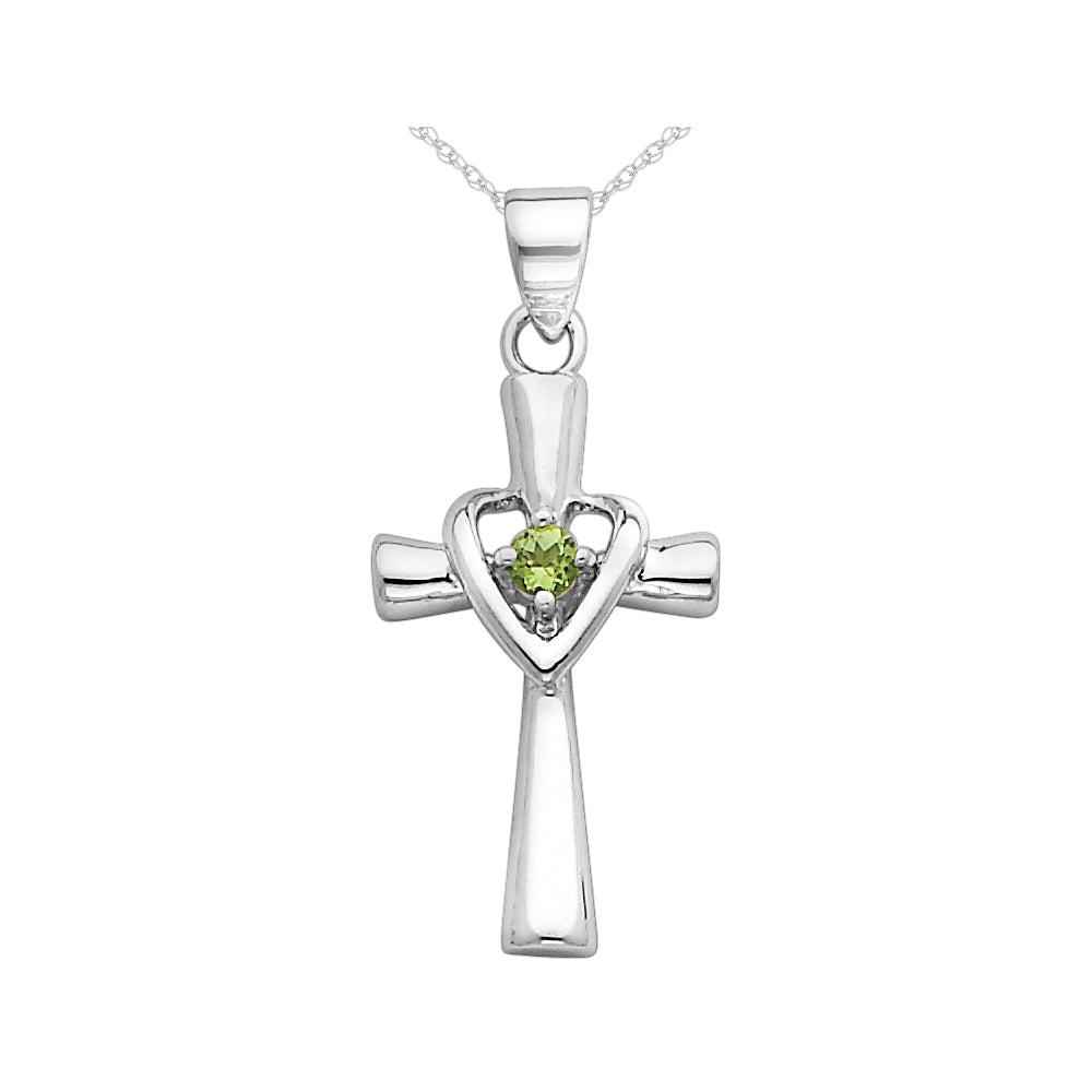 Natural Peridot Heart Cross Pendant Necklace in Sterling Silver with Chain Image 1