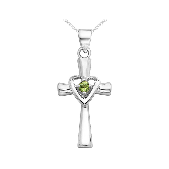 Natural Peridot Heart Cross Pendant Necklace in Sterling Silver with Chain Image 1