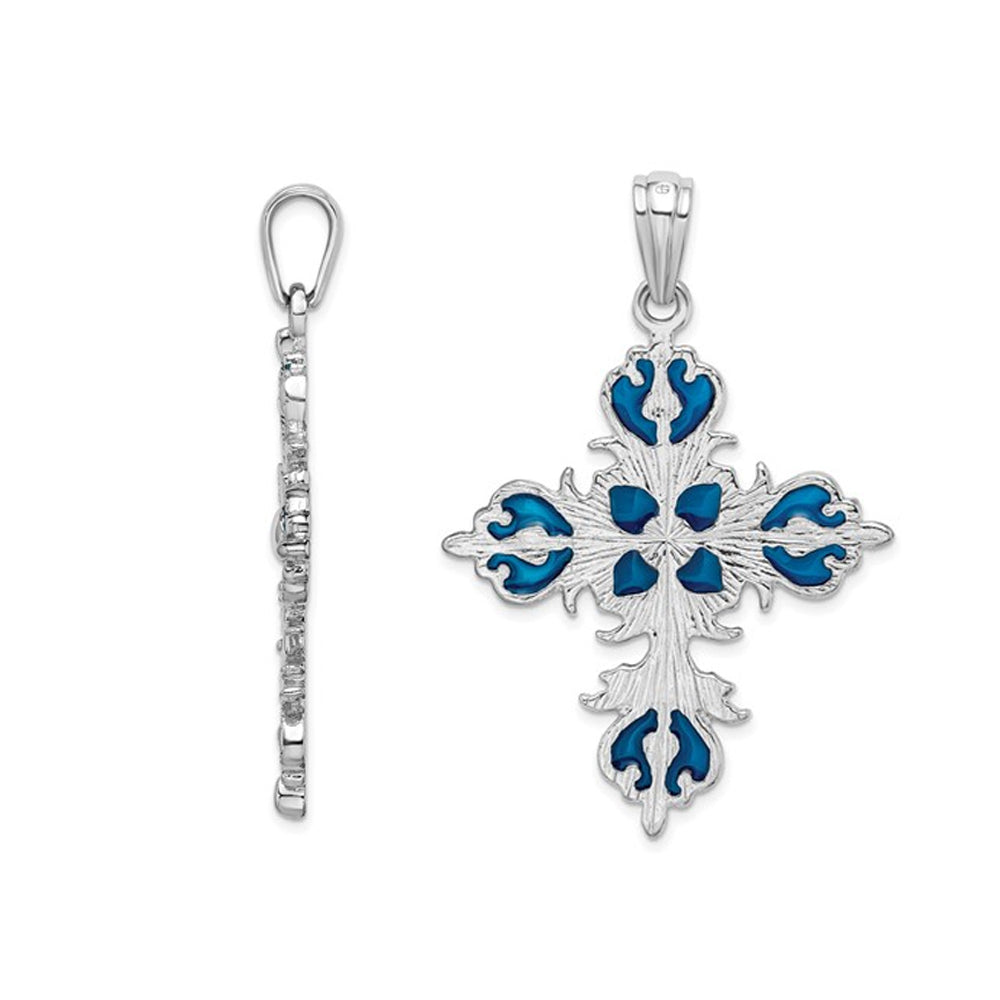 Sterling Silver Fleur de Lis Blue Cross Pendant Necklace with Chain Image 3