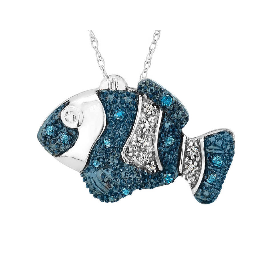 1/10 Carat (ctw) Blue and White Diamond Fish Charm Pendant Necklace in Sterling Silver with Chain Image 1