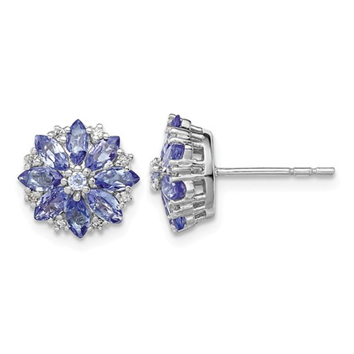 1.20 Carat (ctw) Tanzanite Flower Earrings in Sterling Silver with Accent Diamonds Image 1