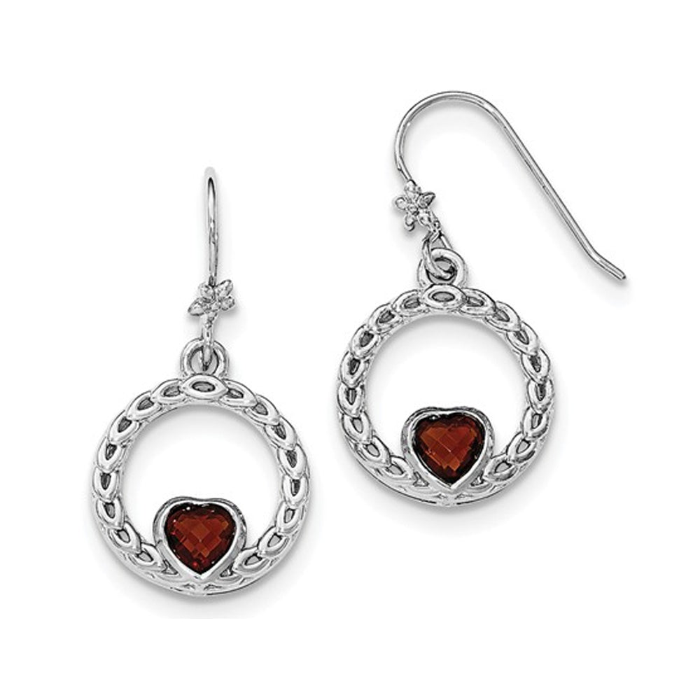 1.20 Carat (ctw) Garnet Heart Dangle Circle Earrings in Sterling Silver Image 2