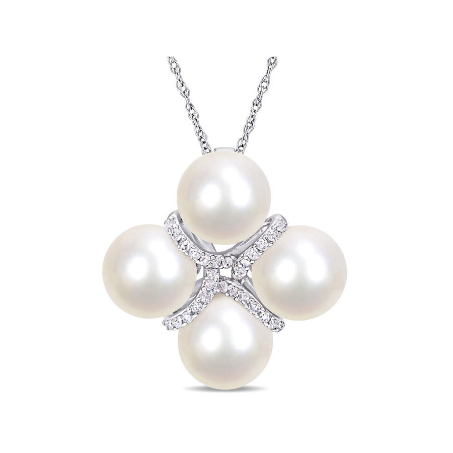 8-8.5mm Freshwater Cultured Pearl and Diamond 1/7 Carat (ctw) Crossover Pendant Necklace in 10K White Gold with Chain Image 1
