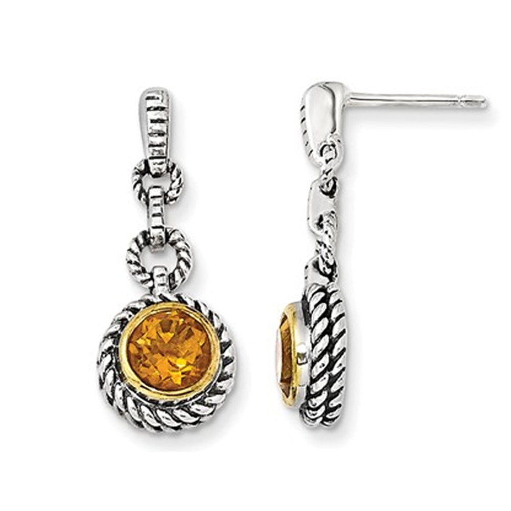 Yellow Citrine Gemstone 1.50 Carat (ctw) Drop Earrings in Sterling Silver with 14K Gold Accents Image 1